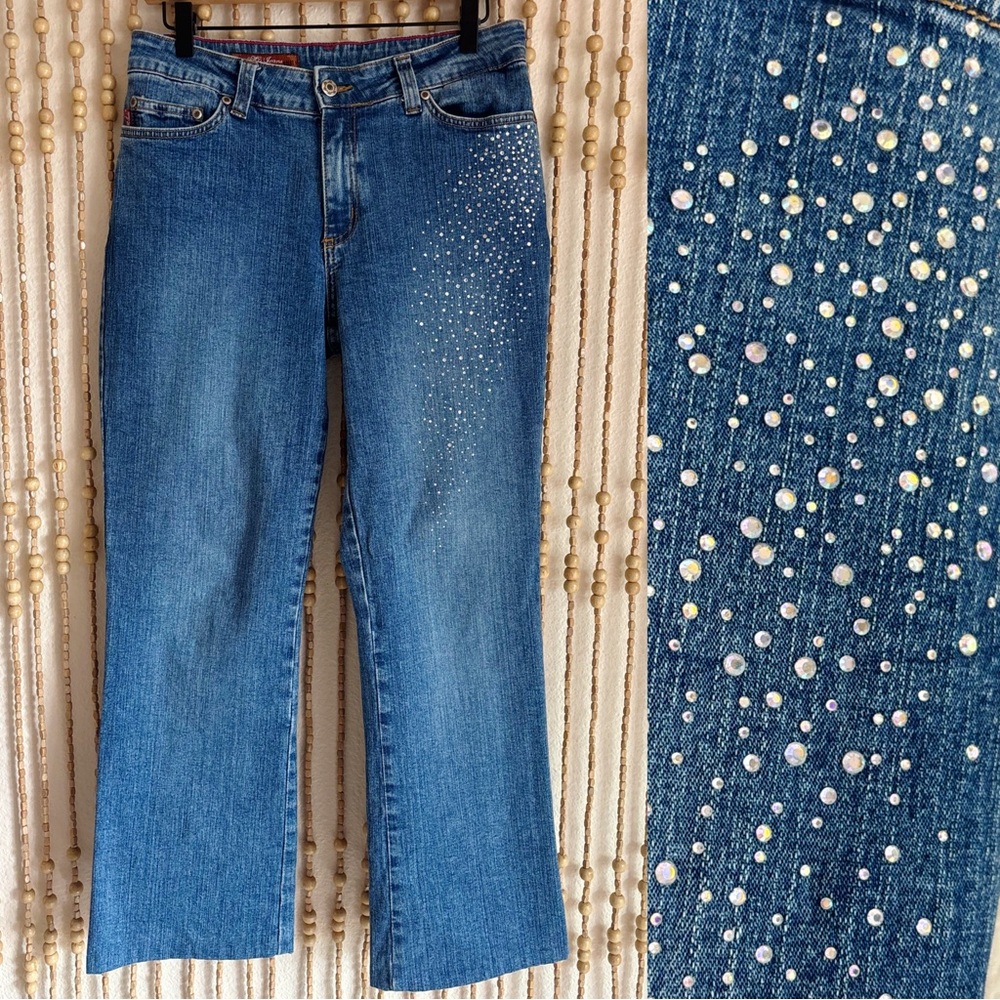 Vintage Y2K Mu Jeans Rhinestone Embellished Bootcut Medium Wash Fairy Boho Jean
